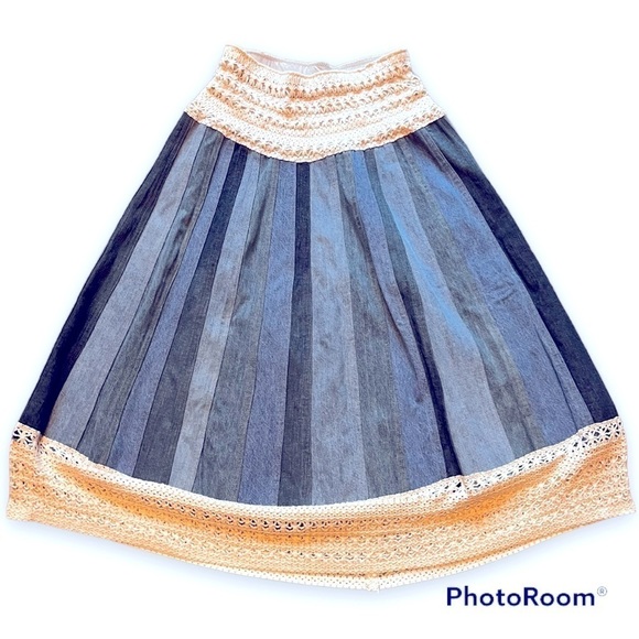 Denim Striped Crochet Midi Maxi Skirt Y2K Handmade - Picture 2 of 2